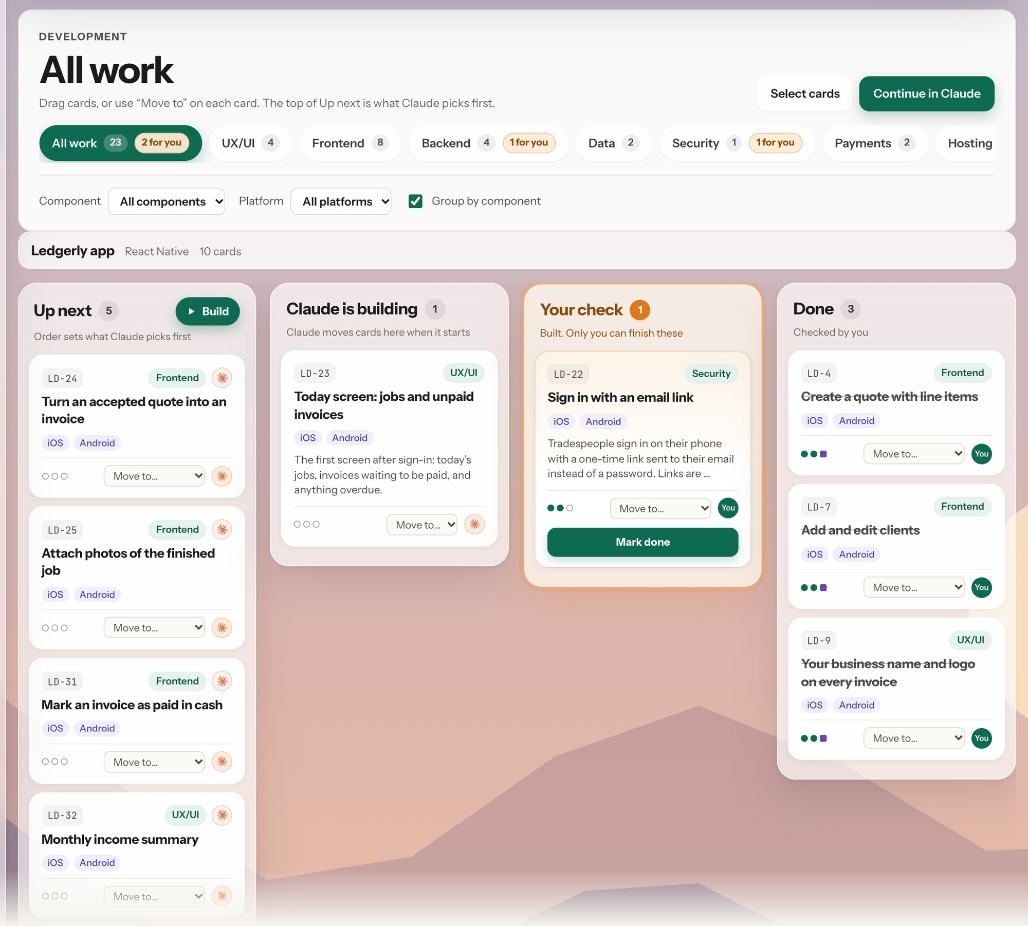 The Bennch board grouped by part of the product: the Ledgerly app with iOS and Android on each card, then the client pay page on the web