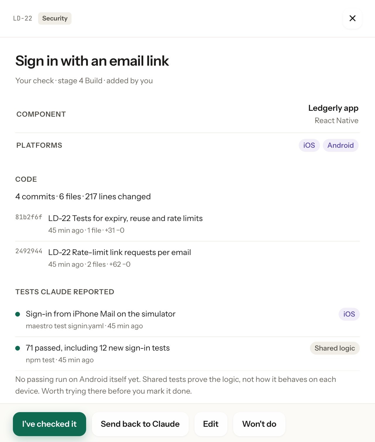 A card in Your check with its part of the product, iOS and Android targets, its commits, tests for shared logic and iOS, and Android not yet tried on a device